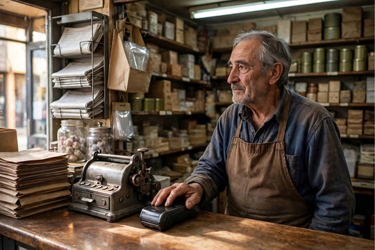 Corner shop owner behind counter with old till and card terminal