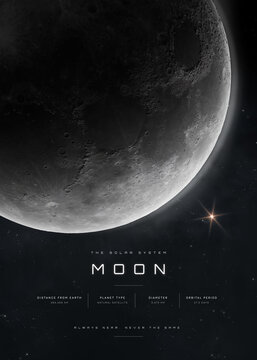Moon Close-Up with Cratered Surface Against a Star Field, Astronomy Poster