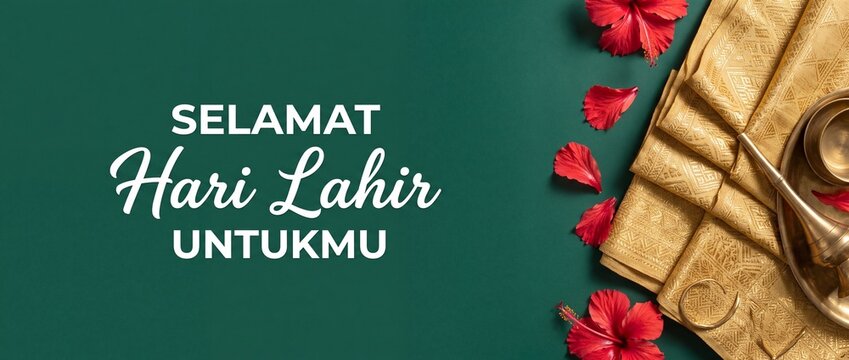 Malay birthday background text greeting with traditional golden songket cloth red hibiscus flower decoration flat lay top view banner for Indonesian Malaysian cultural celebration wishes