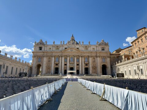 St. Peter's Basilica and St. Peter's Square in Vatican City, Rome, Italy. Historic landmark and Catholic cathedral architecture