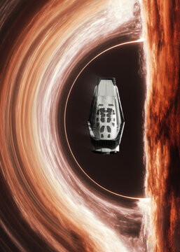 Space Capsule Near a Black Hole with a Glowing Accretion Disk, Sci-Fi Illustration