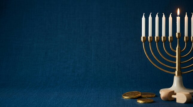 Hanukkah menorah with one lit candle and gold gelt on blue fabric background