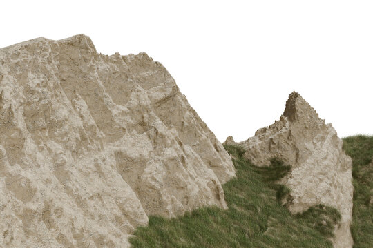 a rocky terrain and clay cliff formation with green grass patches