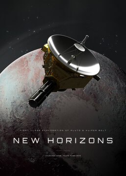 New Horizons Spacecraft Above Pluto's Curved Horizon, Space Exploration Poster
