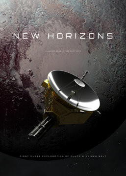 New Horizons Spacecraft with Pluto in the Background, Space Exploration Poster