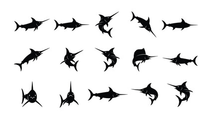 Fototapeta premium Silhouettes of Marlin and Swordfish: A collection of black silhouettes depicting various poses and angles of marlin and swordfish, showcasing their distinctive bill and powerful forms.
