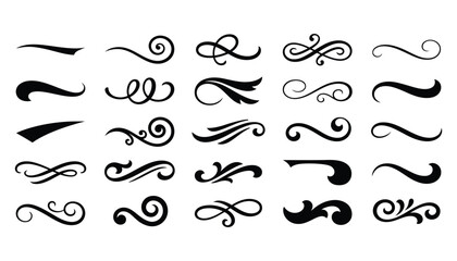 Collection of black calligraphic decorative flourishes and vintage text dividers with hand drawn fancy line text ornament swirly line design element © JUJUTSU