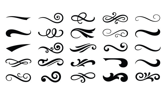Collection of black calligraphic decorative flourishes and vintage text dividers with hand drawn fancy line text ornament swirly line design eleme