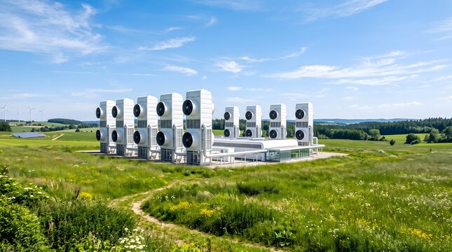 A direct air capture (DAC) facility with large collector fans, located in an open field; a sustainable technology for combating climate change. AI generated.