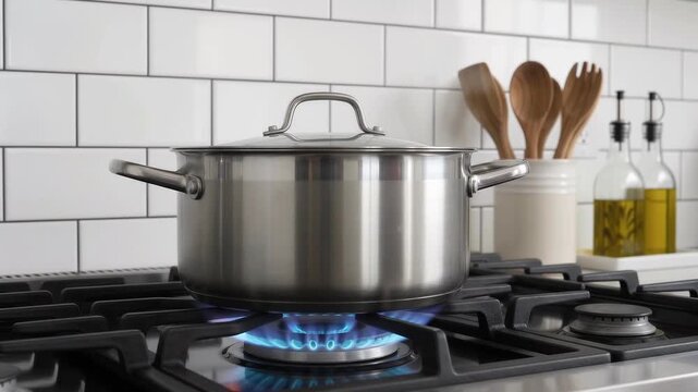 Modern stainless steel pot sits on a black gas range with glowing blue flames, subway tiles and wooden spoons in a clean home kitchen