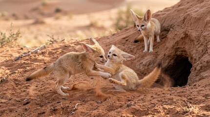 Obraz premium Desert Playtime: Three adorable fennec foxes tumble and play in the warm sand near their burrow, their large ears twitching with curiosity in the arid desert landscape.