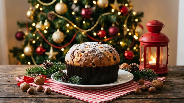 Christmas fruitcake with nuts on rustic table beside lit lantern and decorated tree