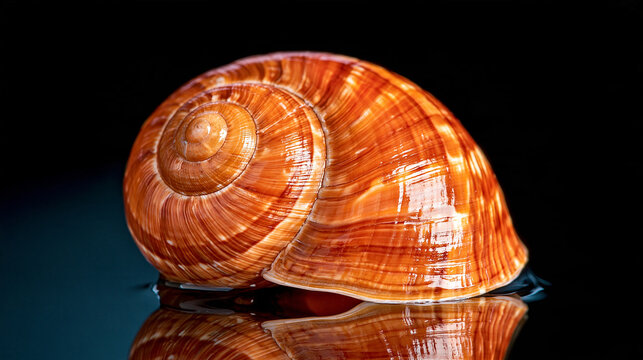 Close-up of a brown spiral snail shell isolated on a reflective black background