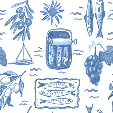 Mediterranean seamless pattern, southen background with sardines, lemon, sun, hand drawn watercolor  doodles