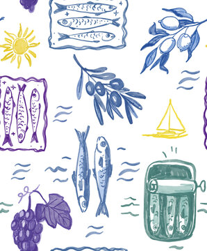 Mediterranean seamless pattern, southen background with sardines, lemon, sun, hand drawn watercolor  doodles
