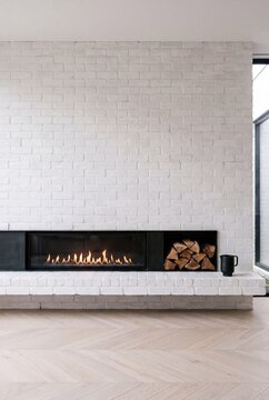 Limewashed White Brick Fireplace With Black Steel Firebox Vertical