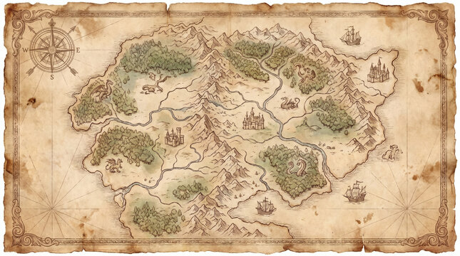 Vintage fantasy world map on aged parchment paper with dragons and castles