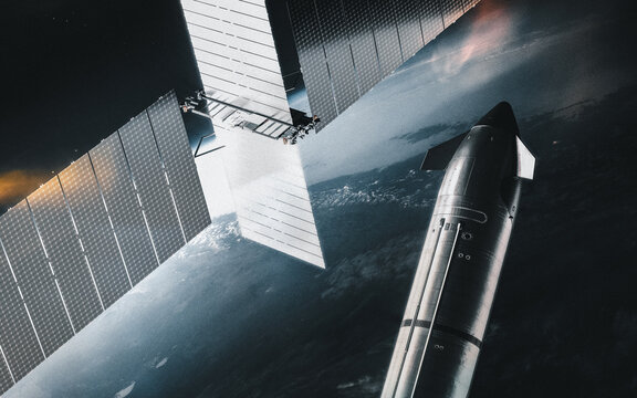 Spacecraft Beside a Large Solar Panel Satellite in Earth Orbit, 3D Illustration