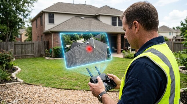Man operating a drone with a holographic screen showing a house roof