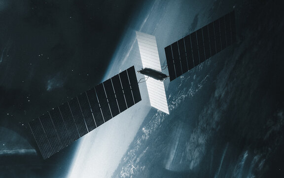 Solar Panel Satellite Above Earth's Blue Horizon, Space Technology Illustration