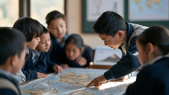 Nepali middle school students crowded around a large world map during a geography science lesson on tectonic plates, teacher pointing out fault lines with a wooden pointer,