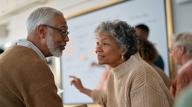 An interracial senior couple at a busy occupational therapy center brainstorming exercises on a whiteboard, retirement village peers gathered in a diverse team circle, a quiet pre