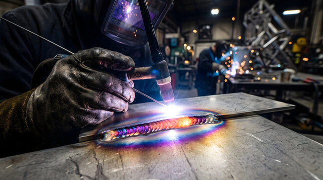close-up of a precision welding process, showcasing beautiful heat tints on the metal. Vibrant iridescent colors ranging from deep blue and violet to golden straw and magenta around the weld bead