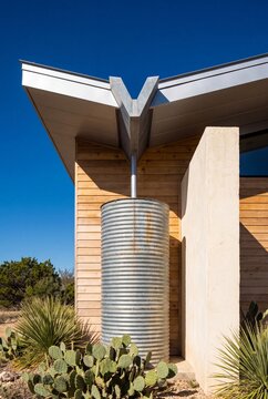 Butterfly Roof Valley Draining Into Round Galvanized Rainwater Cistern