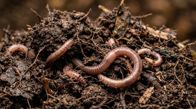 Multiple pink earthworms wriggling through rich dark soil, detailed macro view