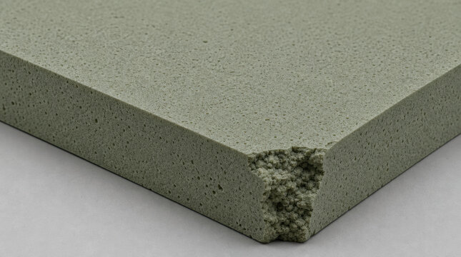 Acoustic panel with porous sage green foam material and damaged corner on pale gray surface