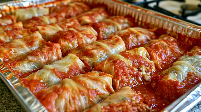 Freshly prepared stuffed cabbage rolls cooked in a rich tomato sauce in a foil pan