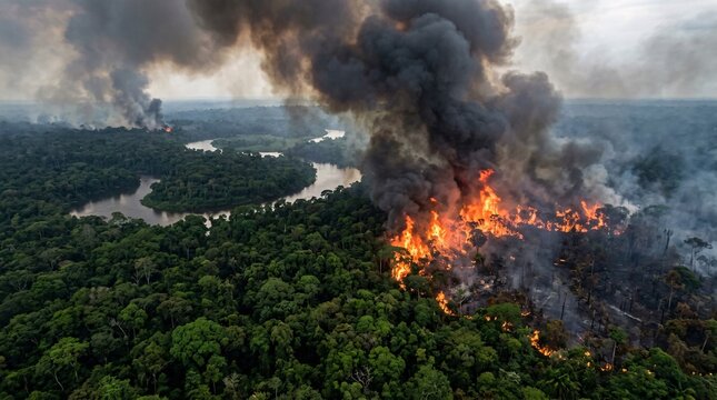 Massive wildfire engulfs a lush rainforest, dark grey smoke billowing as bright orange flames consume ancient trees in an aerial view