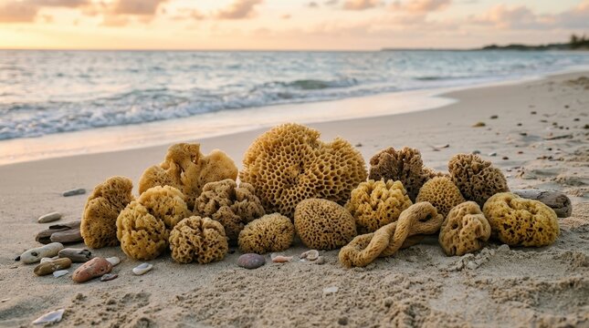 Assortment of Natural Sea Sponges Displayed on a Sandy Beach During Golden Hour Sunset