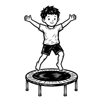 Happy child jumping on a trampoline, isolated doodle illustration conveying fun and activity