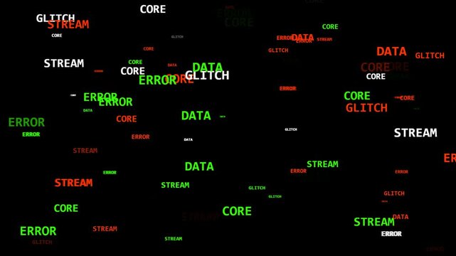 Abstract Digital Glitch Background with Moving Tech Words