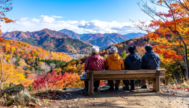 Group of Japanese middle-aged hikers resting on a wooden bench admiring a mountain valley in autumn foliage