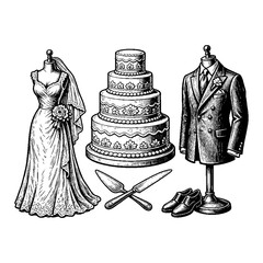 Fototapeta premium Wedding attire and cake illustration, bride dress, groom suit, tiered celebration cake, and dessert serving cutlery, event planning, special occasion
