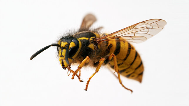Common yellow and black wasp flying in the air with flying insect, yellow jacket in flight