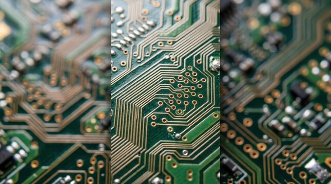Close-up detailed view of a green and gold electronic circuit board with intricate pathways and components.