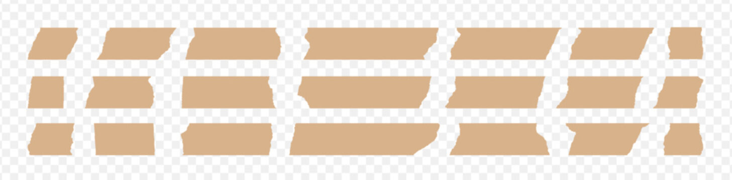 Set of beige torn paper tape strips with irregular edges and varied shapes, isolated on a transparent background. Decorative adhesive element.