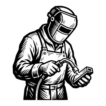 Welder in protective gear, holding a welding torch, engaged in metalwork, industrial craftsmanship, skilled labor, trade profession, workshop scene