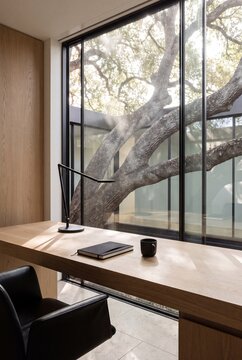 Built In Oak Desk Along Glass Wall Facing Twisting Live Oak Trunk