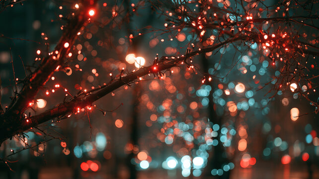 Christmas tree branches string lights night city bokeh blurred festive holiday warm decoration urban street
