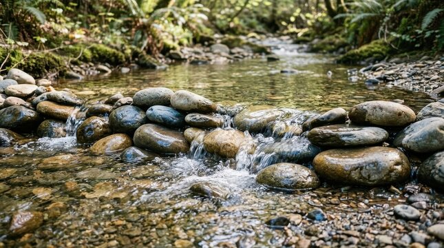 Clear Water Flows Over Smooth Rocks in a Lush Forest Stream