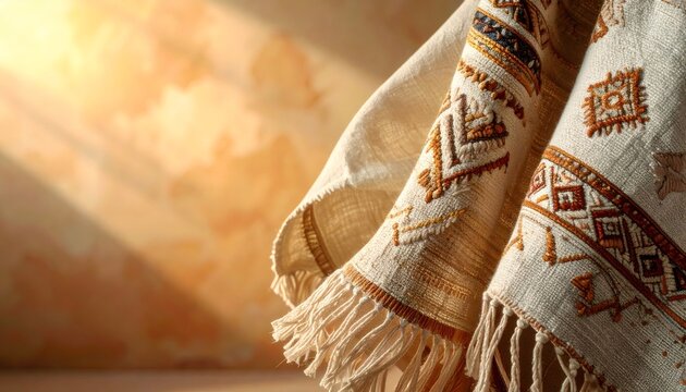 Afrohemian woven textile with ethnic patterns and fringe detail