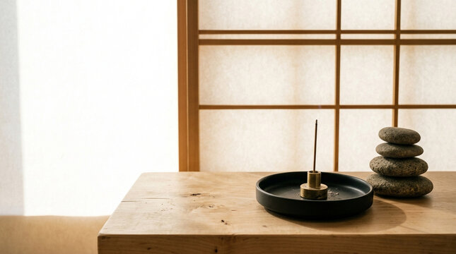 Serene meditation corner with incense burner and smooth river stones with bright copy space