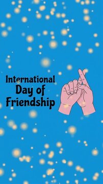 International Day of Friendship greeting with crossed fingers hands and glowing particles motion graphic, ai generated