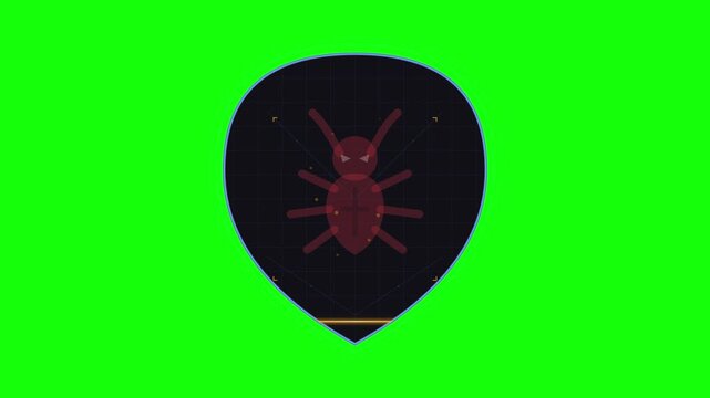 Computer virus detection software scanning a malicious bug on green screen