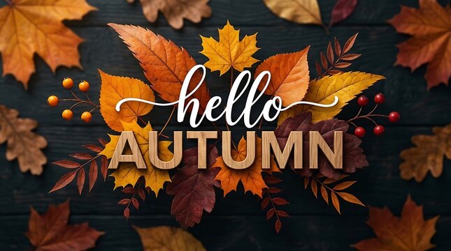 Hello Autumn Typography Over Dark Wooden Background With Fall Leaves Arrangement