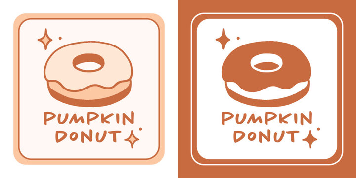 Pumpkin donut label spice flavor tag logo for homemade glazed doughnut bakery packaging design sticker template. Cozy fall vintage aesthetic hand drawn glaze icing drawing isolated illustration print.